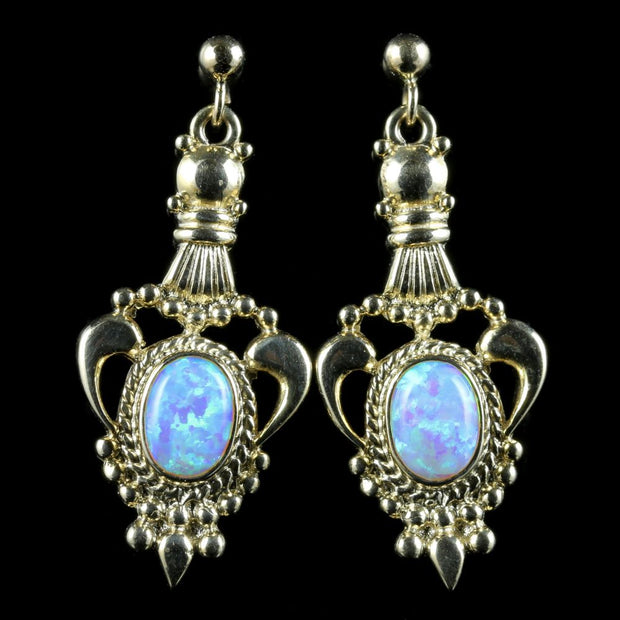 Victorian Style Opal Gold Long Earrings 9Ct Gold