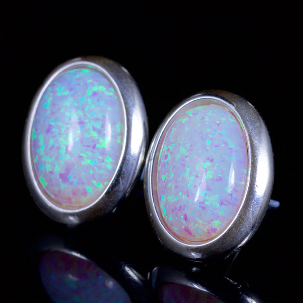 Art Deco Style Opal Solitaire Stud Earrings Silver