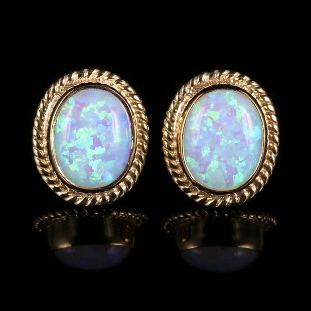 OPAL STUD EARRINGS 9CT GOLD LARGE STUDS WITH ROPE EDGE FINISH
