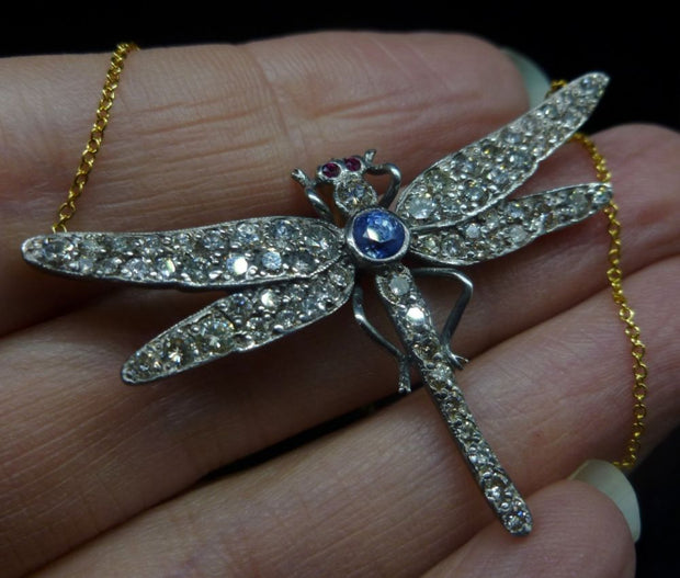Spectacular 2.50Ct Old Cut Diamond Sapphire & Ruby Dragonfly Pendant Necklace
