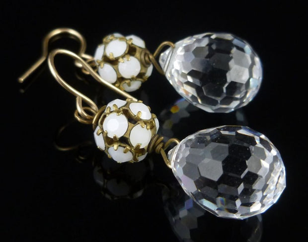Victorian White Enamel & Rock Crystal Drop Gold Earrings