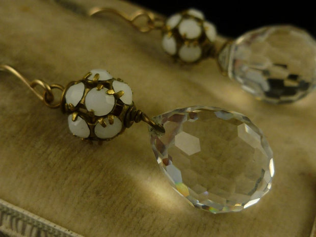 Victorian White Enamel & Rock Crystal Drop Gold Earrings