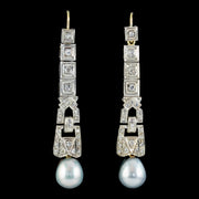 Art Deco Style Pearl Diamond Drop Earrings Platinum 18ct Gold Wires 2ct Of Diamond