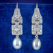 Pearl Diamond Drop Earrings Platinum 18ct Gold Wires 2ct Of Diamond