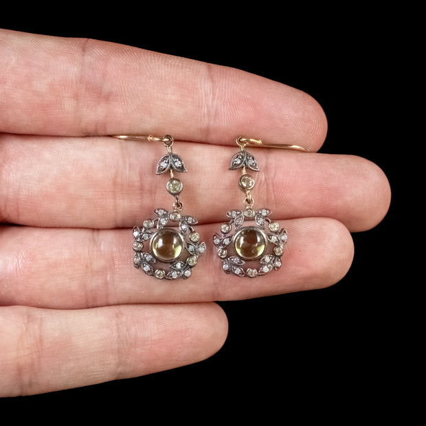 Peridot Diamond Drop Earrings 18Ct Gold Silver