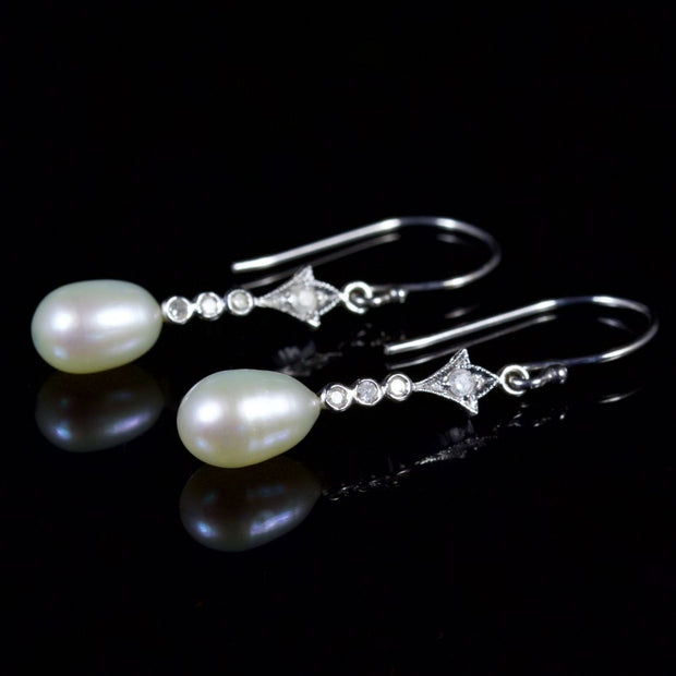 Pearl Diamond Long Earrings 9Ct White Gold