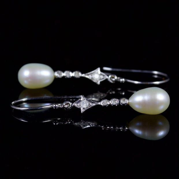Pearl Diamond Long Earrings 9Ct White Gold