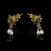 Victorian Style Pearl Stud Earrings White Topaz 18ct Gold On Silver