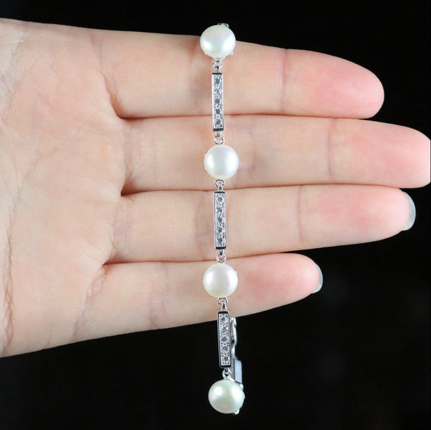 Art Deco Style Pearl And Paste Silver Bracelet