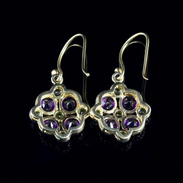 Peridot Amethyst Suffragette Cluster Earrings 18Ct Gold
