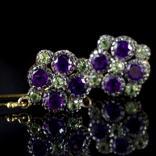 Peridot Amethyst Suffragette Cluster Earrings 18Ct Gold