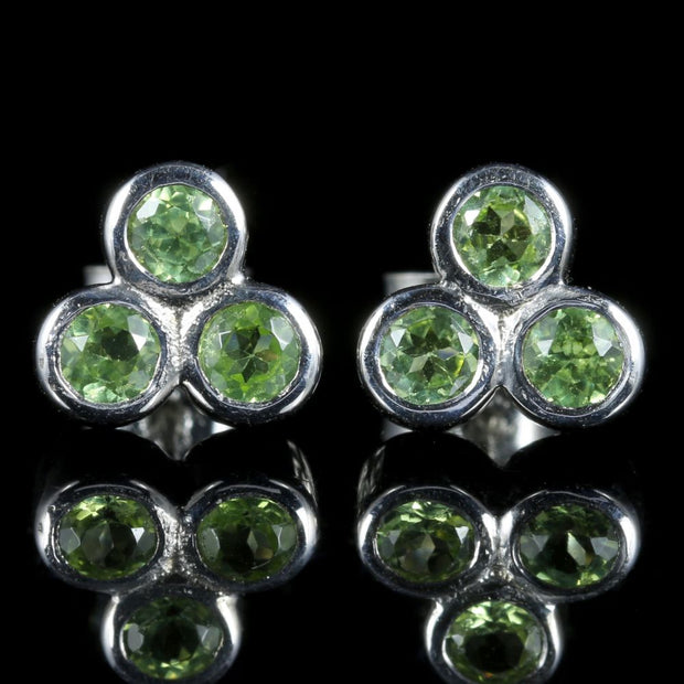 Edwardian Style Peridot White Gold Cluster Earrings 9Ct White Gold