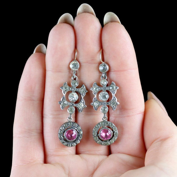 Edwardian Style Pink Paste Drop Earrings Silver
