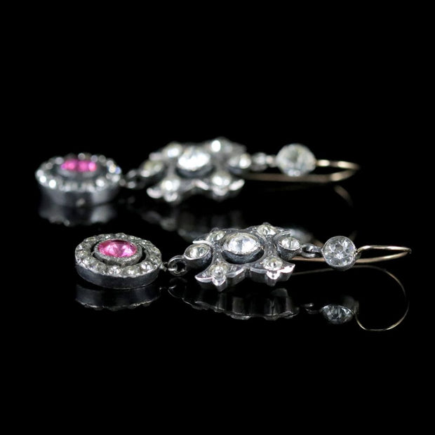 Edwardian Style Pink Paste Drop Earrings Silver