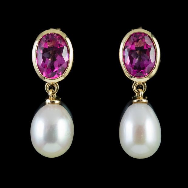 Pink Topaz Pearl Drop Earrings 9Ct Gold