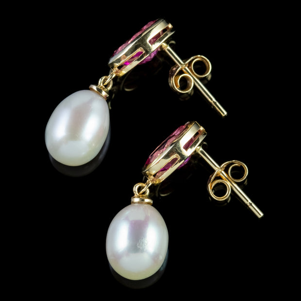Pink Topaz Pearl Drop Earrings 9Ct Gold