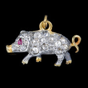 Victorian Style Rose Cut Diamond Pig Pendant Ruby Eyes 1.5ct Total