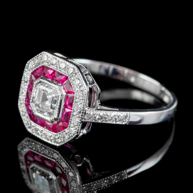 Ruby Diamond Cluster Ring 18ct White Gold 1.35ct Asscher Cut Diamond