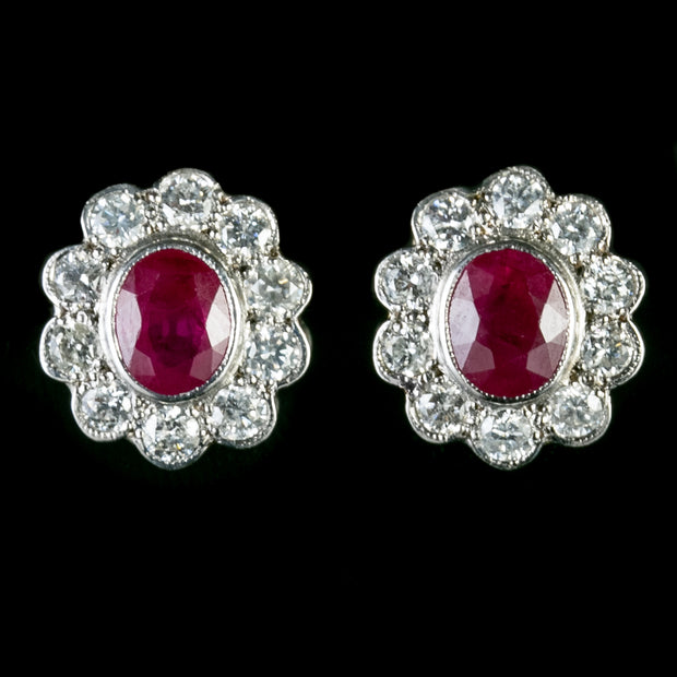 Ruby Diamond Cluster Earrings 18Ct Gold
