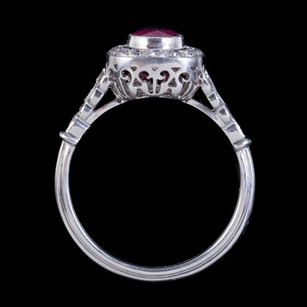Art Deco Style Ruby Diamond Cluster Engagement Ring Platinum 0.80Ct Ruby 1Ct Diamond