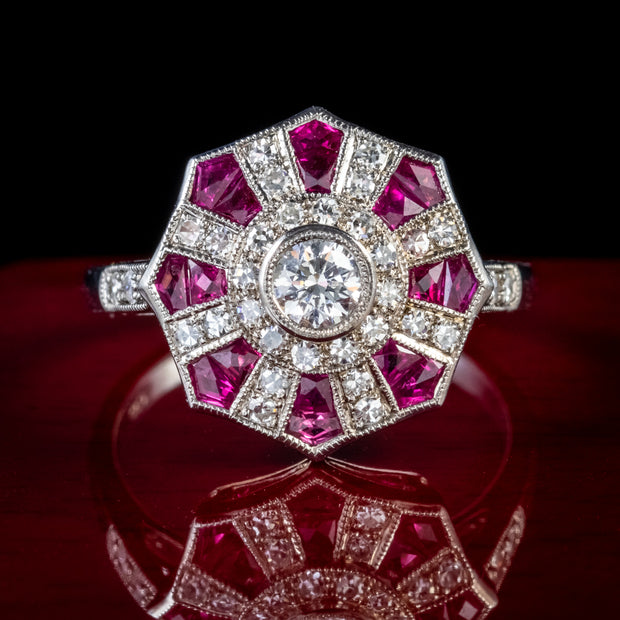 Art Deco Style Ruby Diamond Cluster Ring 1Ct Ruby Diamond 18Ct White Gold