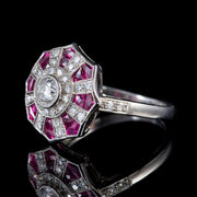 Art Deco Style Ruby Diamond Cluster Ring 1Ct Ruby Diamond 18Ct White Gold