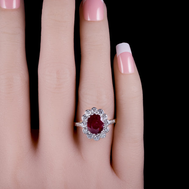 Edwardian Style Ruby Diamond Cluster Ring 3ct Ruby