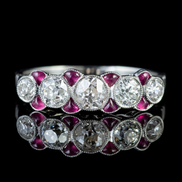 Art Deco Style Ruby Diamond Ring 18Ct White Gold Eternity Ring 0.85Ct Old Cut Diamond