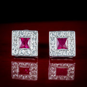 Ruby Diamond Square Stud Earrings 18Ct White Gold
