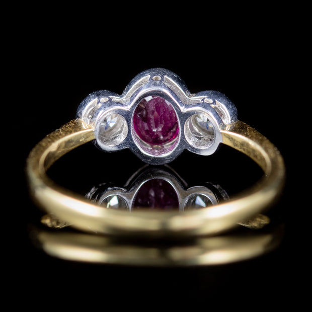 Edwardian Style Ruby Diamond Trilogy Ring 18Ct Gold