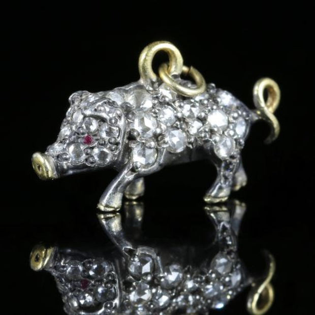 Rose Cut Diamond Pendant Pig Charm 18Ct Gold And Silver