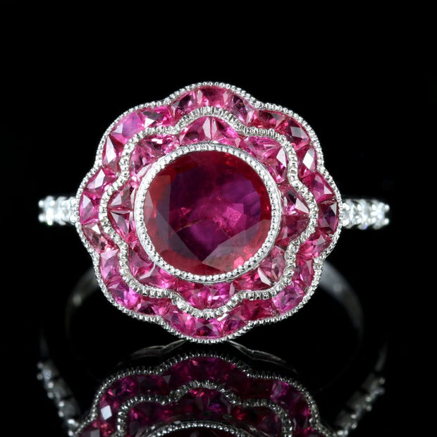 Ruby Cluster Diamond Ring 18Ct White Gold Ring