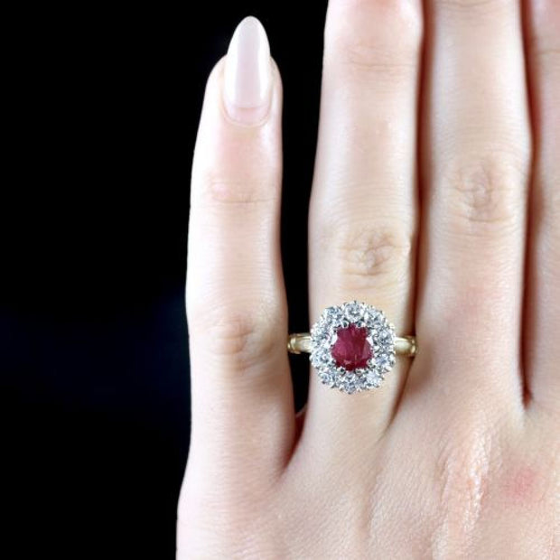 Ruby Diamond Cluster Ring 18Ct Gold Engagement Ring
