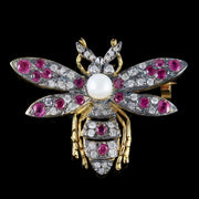 Ruby Diamond Pearl Insect Brooch 18Ct Gold Silver