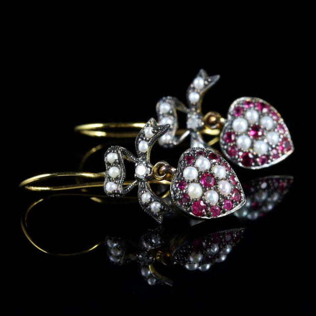 Ruby Pearl Diamond Heart Earrings 18Ct Gold Silver
