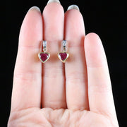 Ruby And Diamond Heart Earrings 18Ct Gold Baguette Cut Diamonds