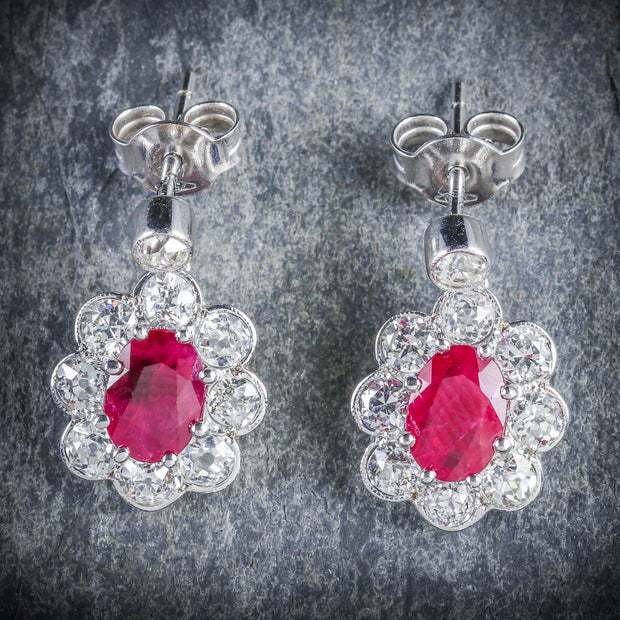 Edwardian Style Ruby Diamond Cluster Earrings 18Ct White Gold