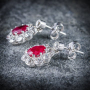 Edwardian Style Ruby Diamond Cluster Earrings 18Ct White Gold