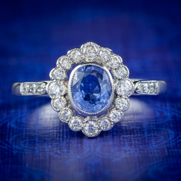 Sapphire Diamond Cluster Ring Platinum 0.70ct Sapphire
