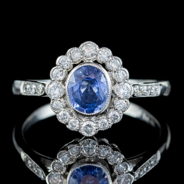Edwardian Style Sapphire Diamond Cluster Ring Platinum 0.70ct Sapphire