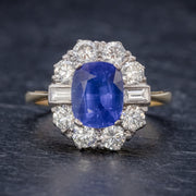 Art Deco Style Sapphire Diamond Cluster Ring 18Ct Gold 2.80Ct Sapphire