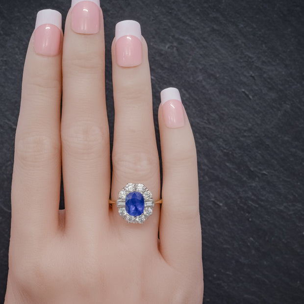 Art Deco Style Sapphire Diamond Cluster Ring 18Ct Gold 2.80Ct Sapphire