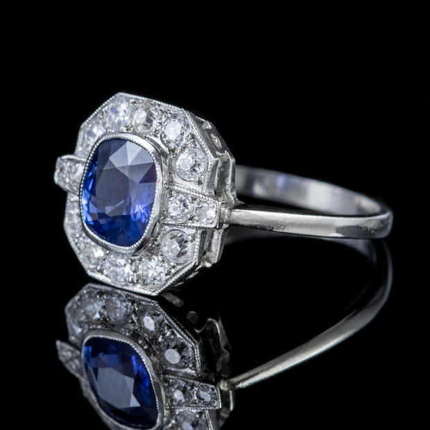 Art Deco Style Sapphire Diamond Cluster Ring Platinum side