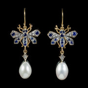 Sapphire Diamond Pearl Insect Earrings 9Ct Gold