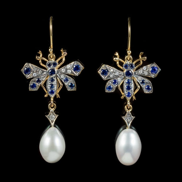Sapphire Diamond Pearl Insect Earrings 9Ct Gold