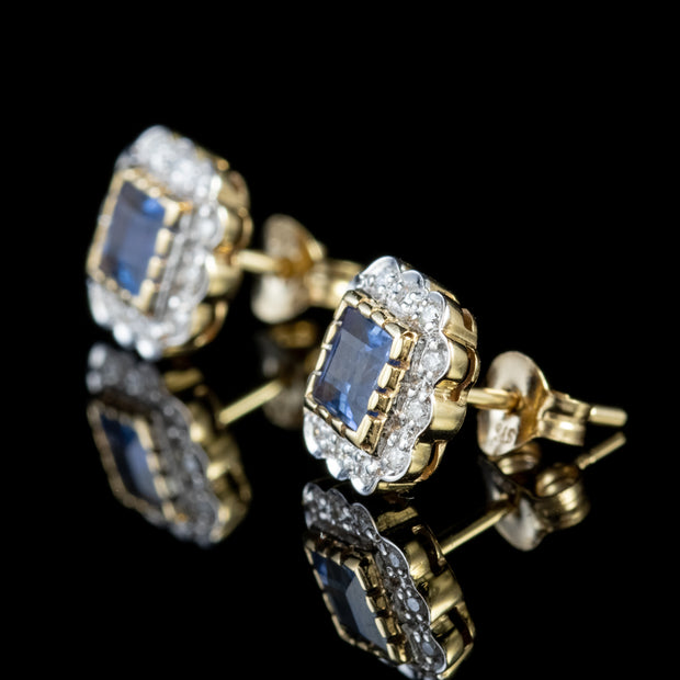 Art Deco Style Sapphire Diamond Stud Earrings 9ct Gold