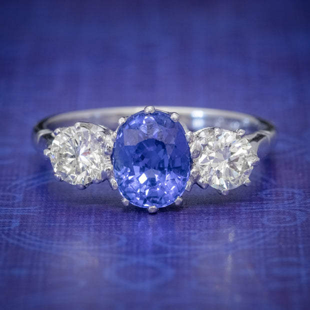 Sapphire Diamond Trilogy Engagement Ring Platinum 1.50Ct Sapphire 1Ct Diamond