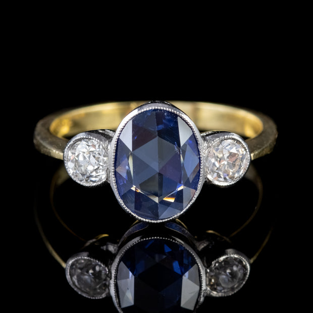 Sapphire Diamond Trilogy Ring 18Ct Gold 2.25Ct Rose Cut Sapphire