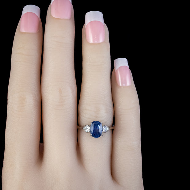 Edwardian Style Sapphire Diamond Trilogy Ring Platinum 1.80ct Sapphire