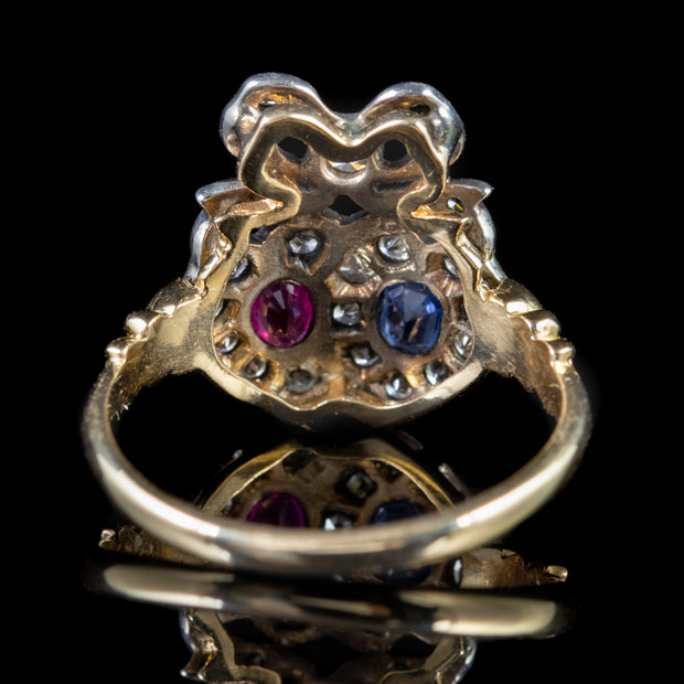 Vintage Sapphire Ruby Diamond Double Heart Ring 18Ct Gold
